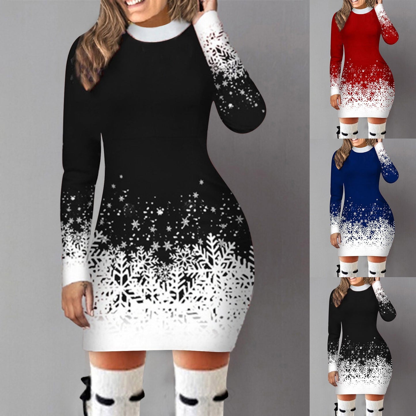 Christmas Snowflake Printed Dress Women Clothing Long-sleeved Round Neck Xmas Party Bodycon Dress Elegant Casual Mini Dresses