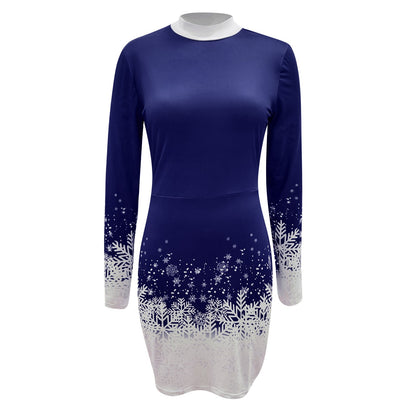 Christmas Snowflake Printed Dress Women Clothing Long-sleeved Round Neck Xmas Party Bodycon Dress Elegant Casual Mini Dresses