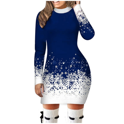 Christmas Snowflake Printed Dress Women Clothing Long-sleeved Round Neck Xmas Party Bodycon Dress Elegant Casual Mini Dresses